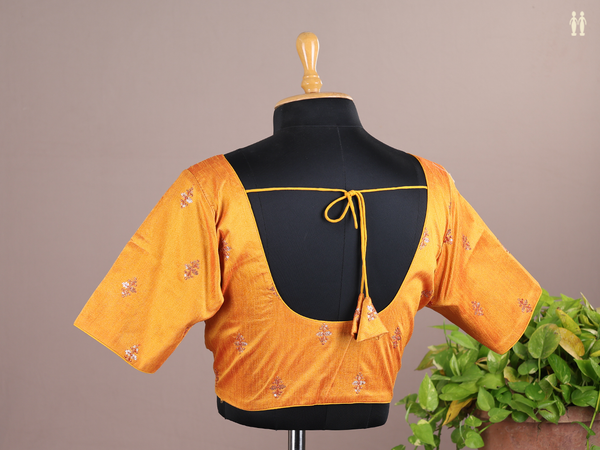 Round Neck Allover Buttas Orange Semi Raw Silk Readymade Blouse
