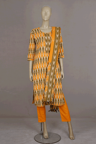 Round Neck Ikat Design Green And Orange Cotton Salwar Set