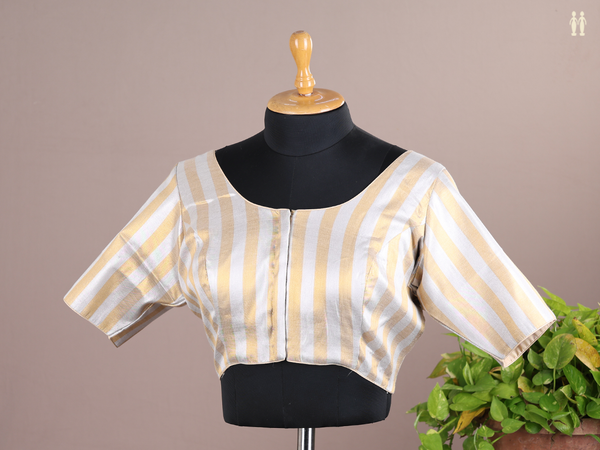Round Neck Gold And Silver Raw Silk Readymade Blouse