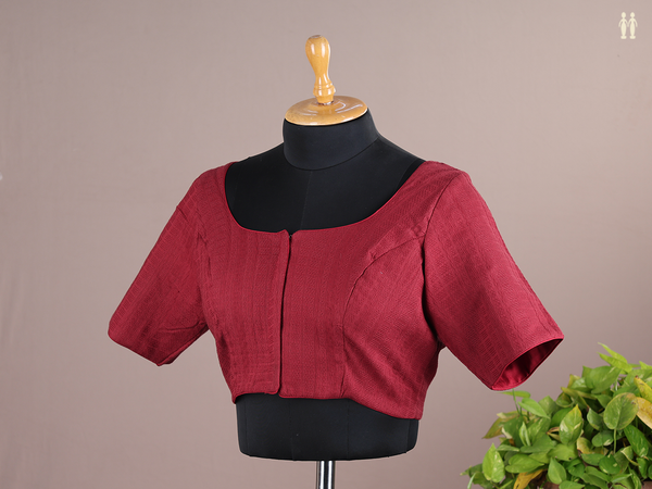 Round Neck Threadwork Design Red Raw Silk Readymade Blouse