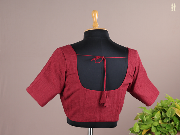 Round Neck Threadwork Design Red Raw Silk Readymade Blouse