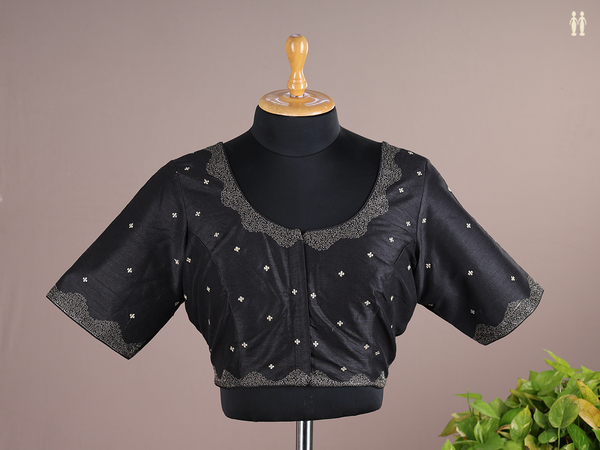 Round Neck Zari Buttis Black Semi Raw Silk Readymade Blouse
