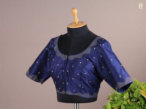 Round Neck Zari Buttis Blue Raw Silk Readymade Blouse