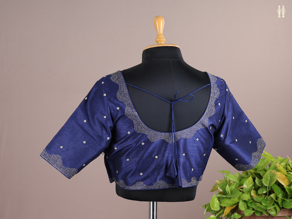 Round Neck Zari Buttis Blue Raw Silk Readymade Blouse