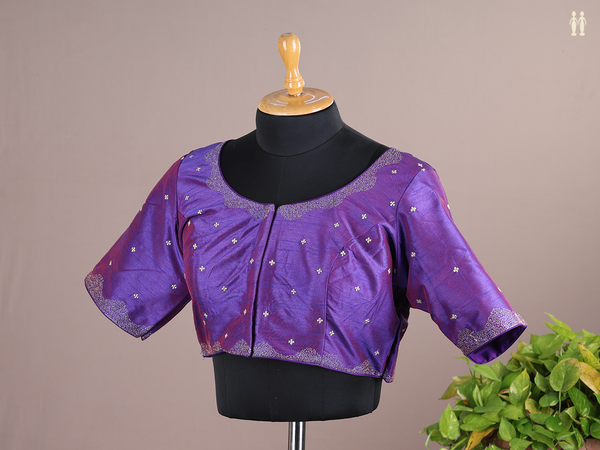 Round Neck Zari Buttis Dual Tone Raw Silk Readymade Blouse