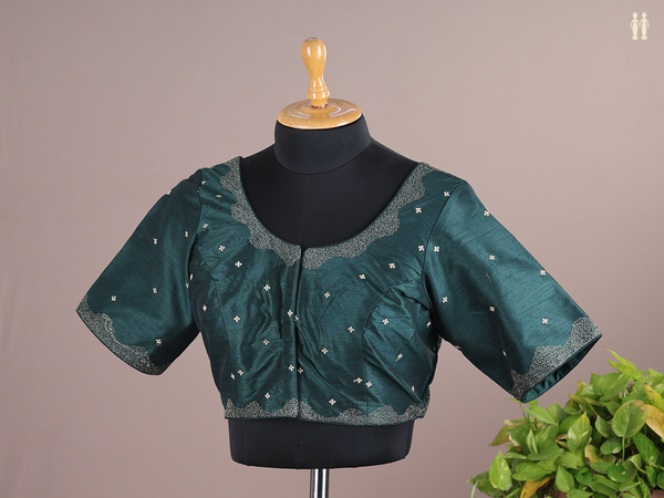 Round Neck Zari Buttis Green Raw Silk Readymade Blouse