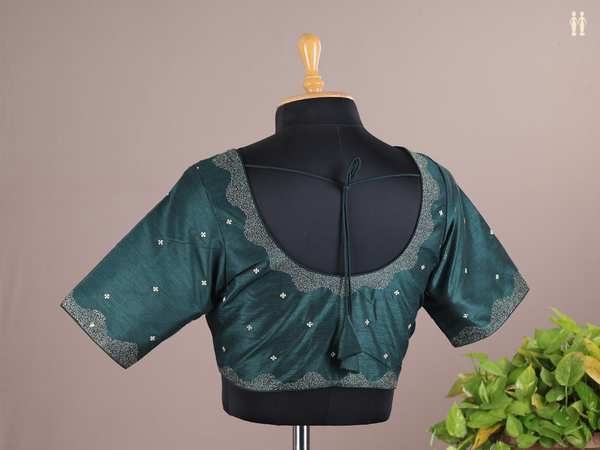 Round Neck Zari Buttis Green Raw Silk Readymade Blouse
