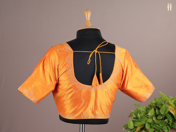 Round Neck Zari Buttis Orange Raw Silk Readymade Blouse