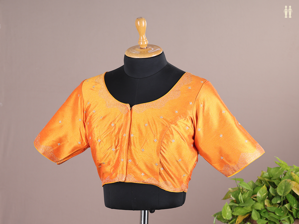 Round Neck Zari Buttis Orange Raw Silk Readymade Blouse