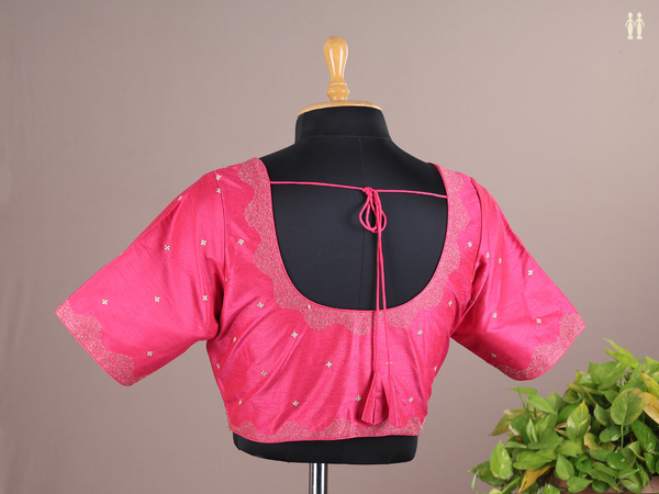 Round Neck Zari Buttis Pink Raw Silk Readymade Blouse