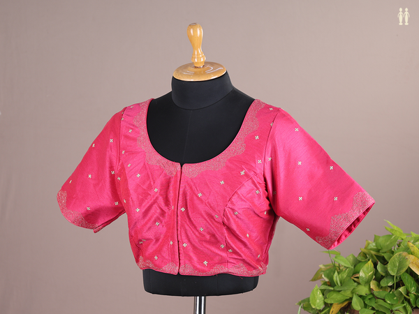 Round Neck Zari Buttis Pink Raw Silk Readymade Blouse