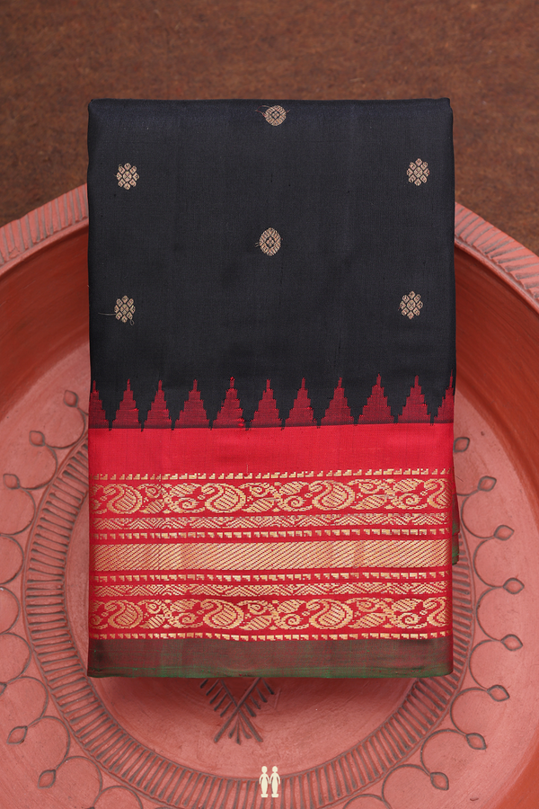 Gadwal Silk Saree In Black With Floral Buttas