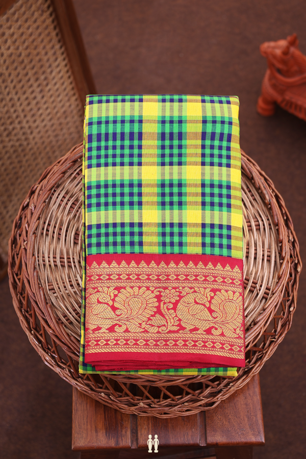 Kanchipuram Silk Saree In Green And Yellow With Checks Design