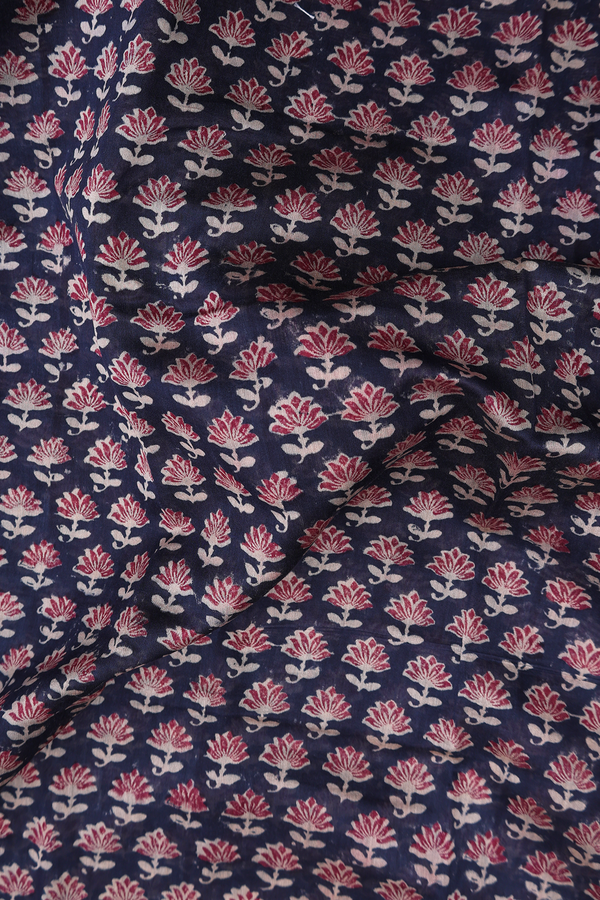 Chanderi Silk Cotton Saree In Navy Blue With Floral Design