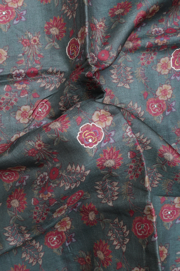 Tussar Silk Saree In Sage Green With Floral Design