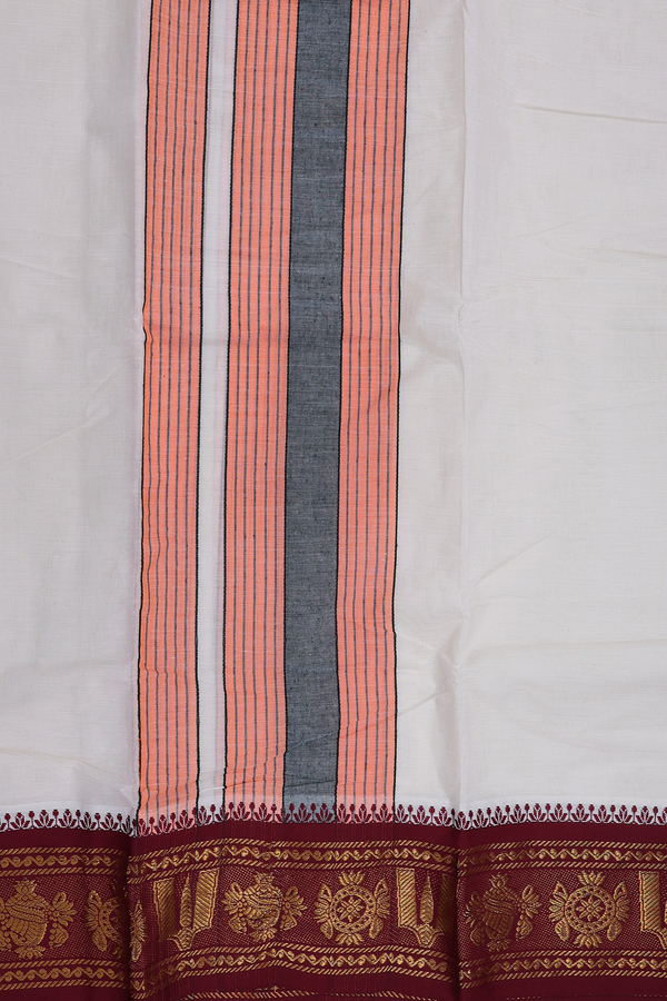 Sangu Chakram Border White Cotton Dhoti With Angavastram Set