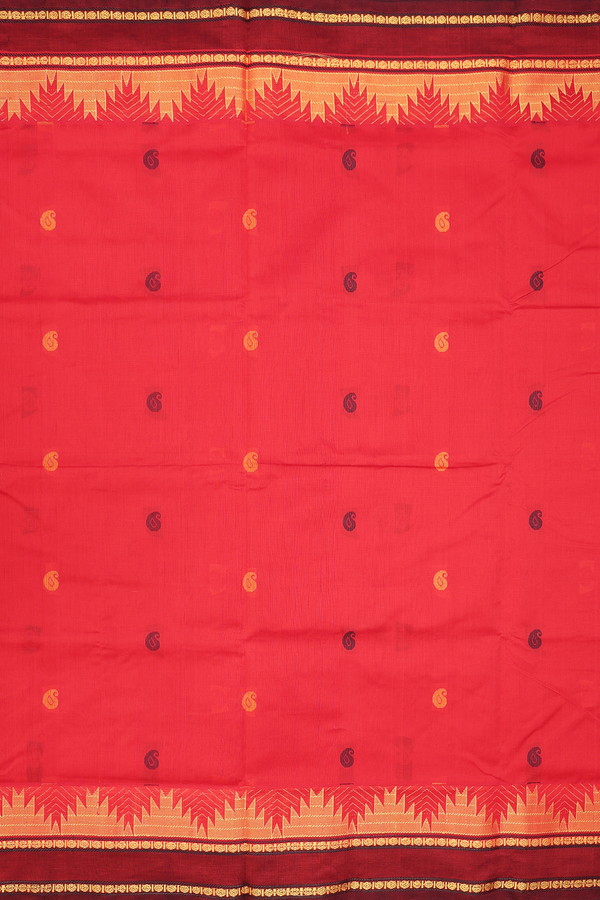 Semi Silk Cotton Saree In Chilli Red With Paisley Buttas