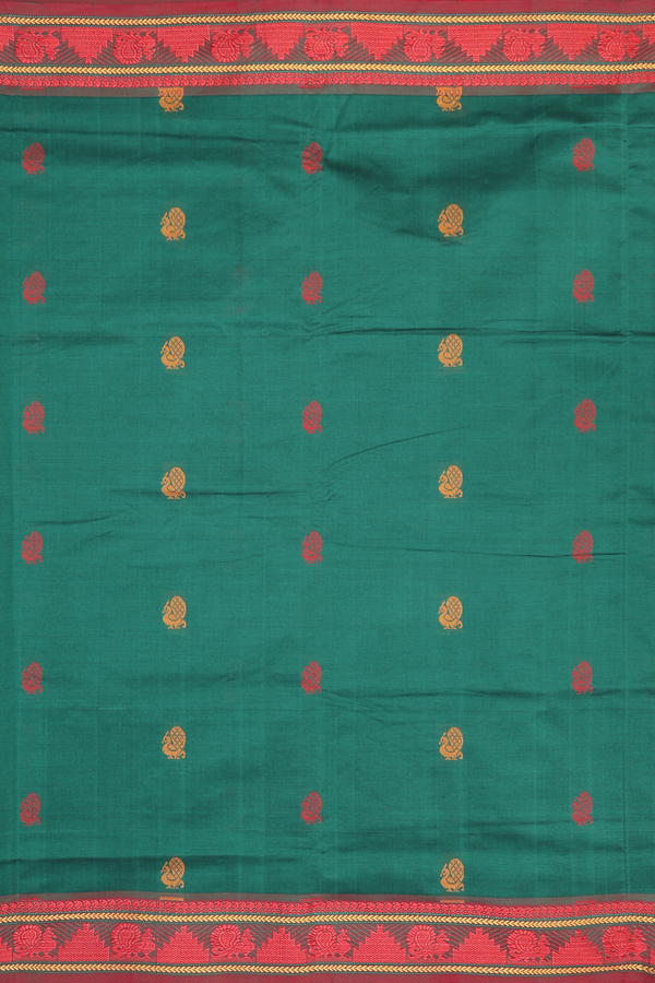 Semi Silk Cotton Saree In Forest Green With Peacock Buttas