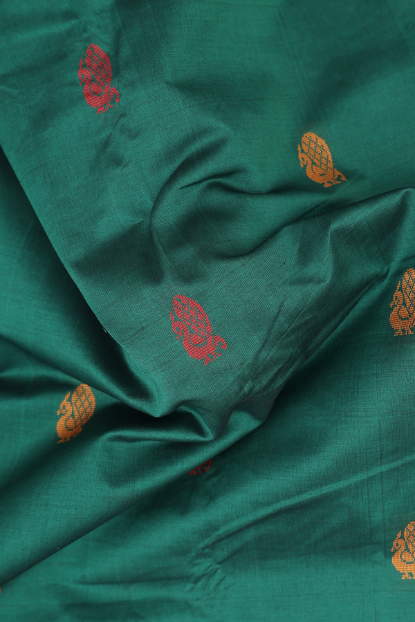 Semi Silk Cotton Saree In Forest Green With Peacock Buttas