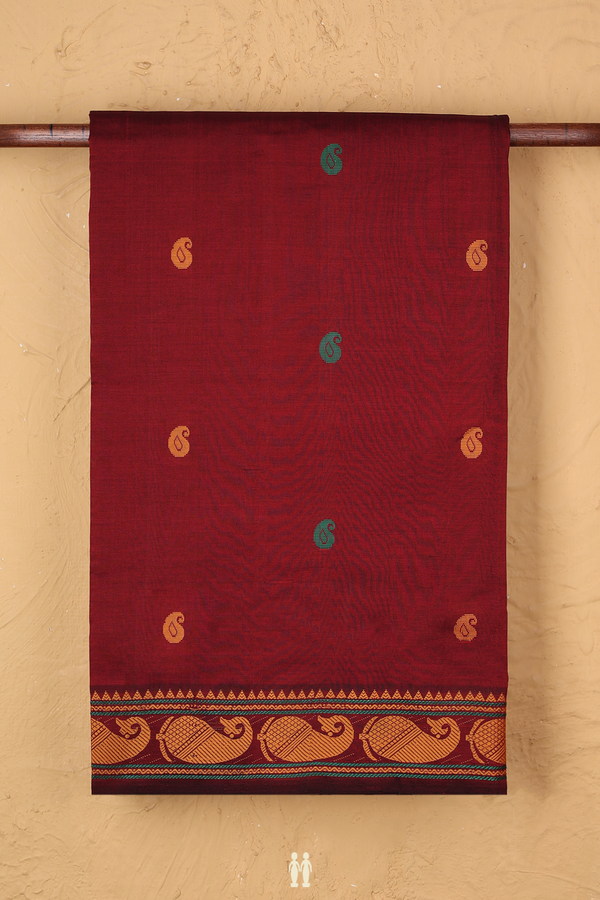 Semi Silk Cotton Saree In Maroon With Paisley Buttas