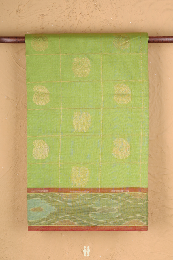 Semi Silk Cotton Saree In Pastel Green With Checks Design