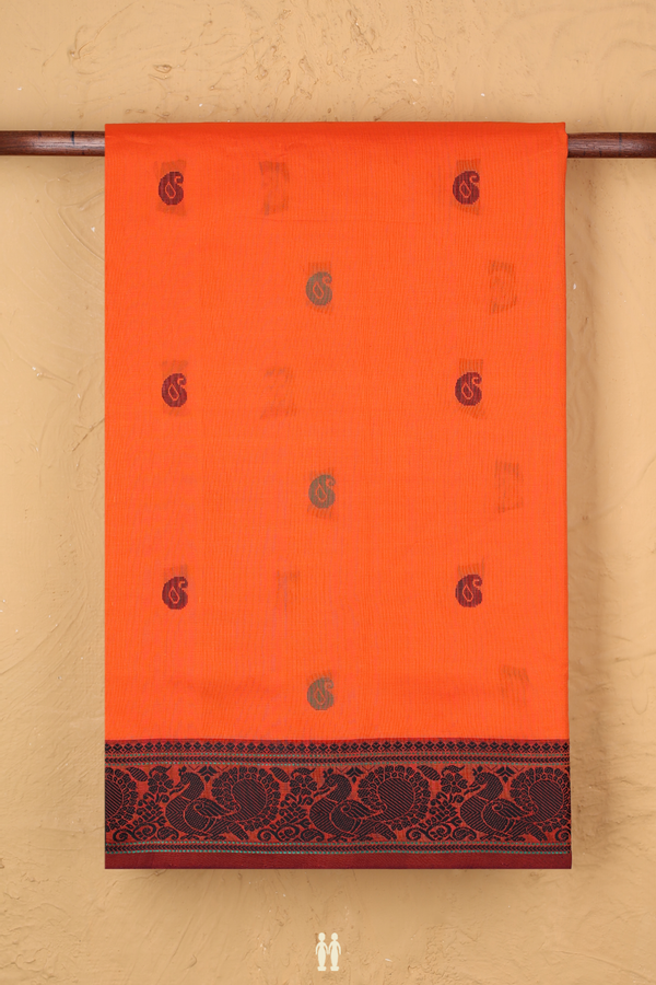 Semi Silk Cotton Saree In Red Orange With Paisley Buttas