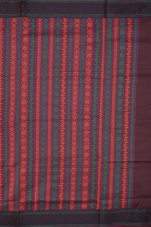 Semi Silk Cotton Saree In Red Orange With Paisley Buttas