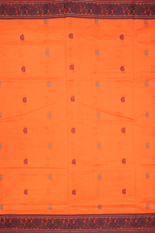 Semi Silk Cotton Saree In Red Orange With Paisley Buttas