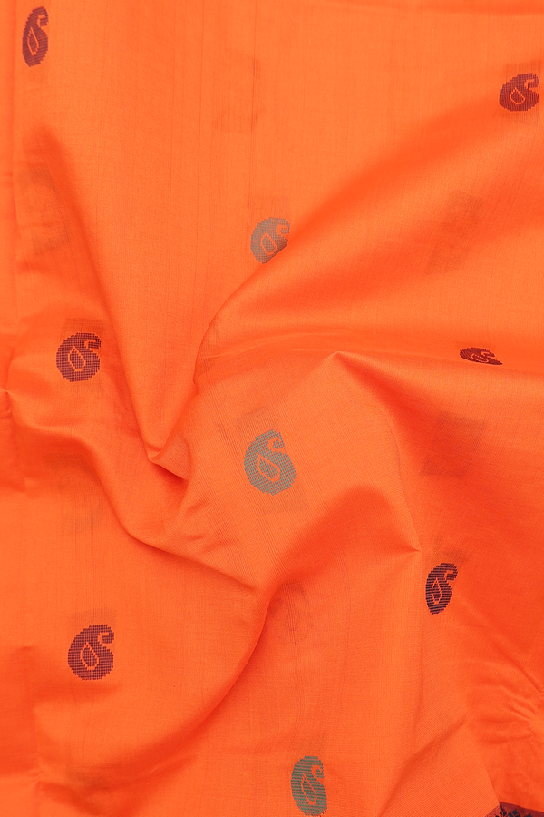 Semi Silk Cotton Saree In Red Orange With Paisley Buttas