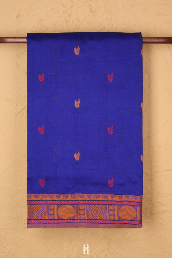 Semi Silk Cotton Saree In Royal Blue With Threadwork Buttas
