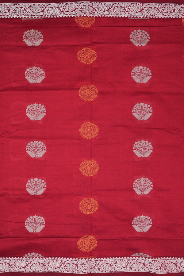 Semi Silk Cotton Saree In Rust Red With Threadwork Motifs