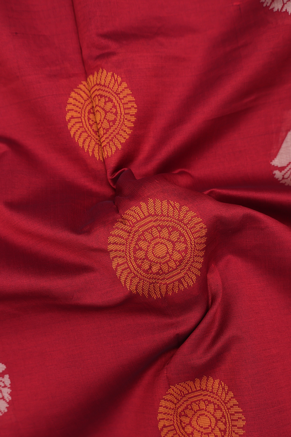 Semi Silk Cotton Saree In Rust Red With Threadwork Motifs