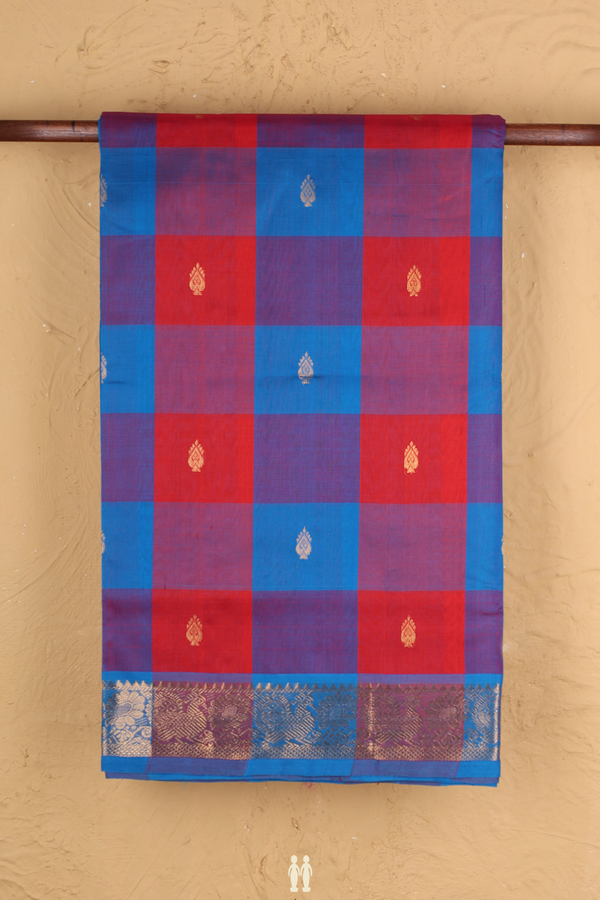 Silk Cotton Saree In Blue And Red With Checks Design