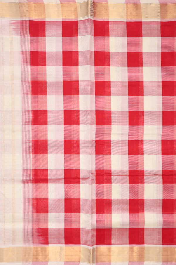 Silk Cotton Saree In White And Red With Checks Design