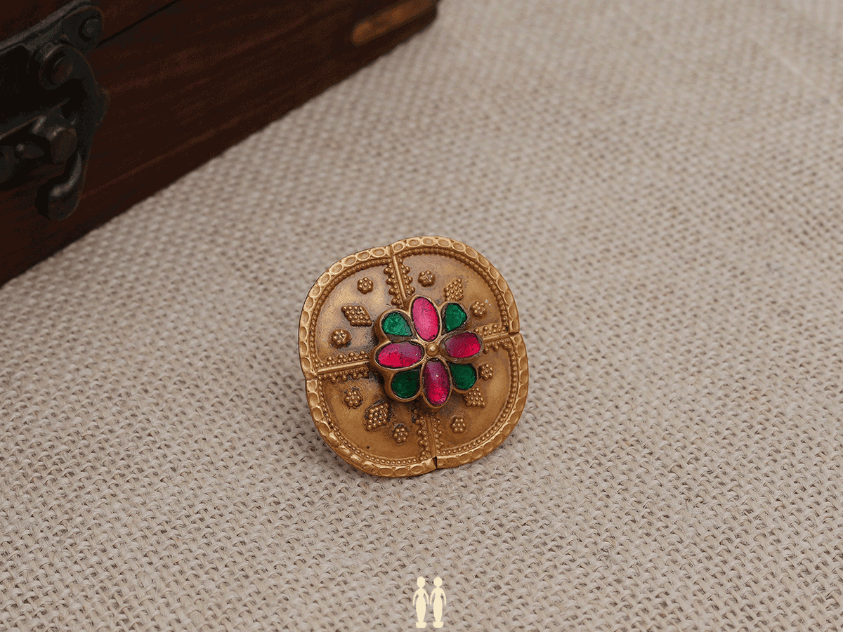Floral Design With  Multicolor Stone Gold Plated Silver Ring
