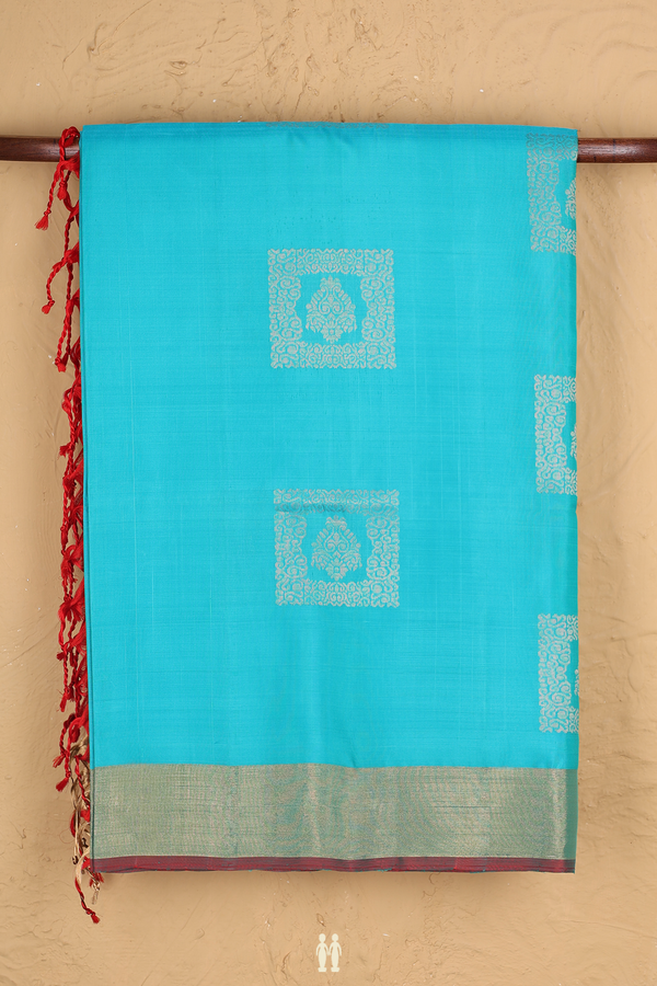 Soft Silk Saree In Turquoise Blue With Zari Motifs