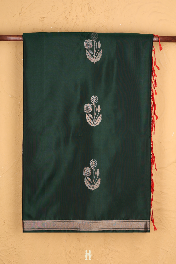 Soft Silk Saree In Bottle Green With Floral Motifs