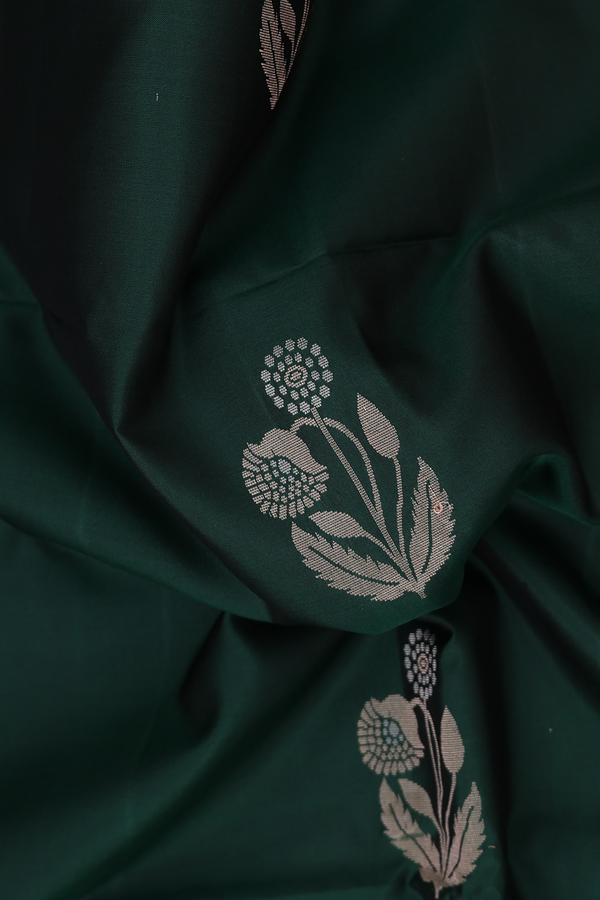 Soft Silk Saree In Bottle Green With Floral Motifs