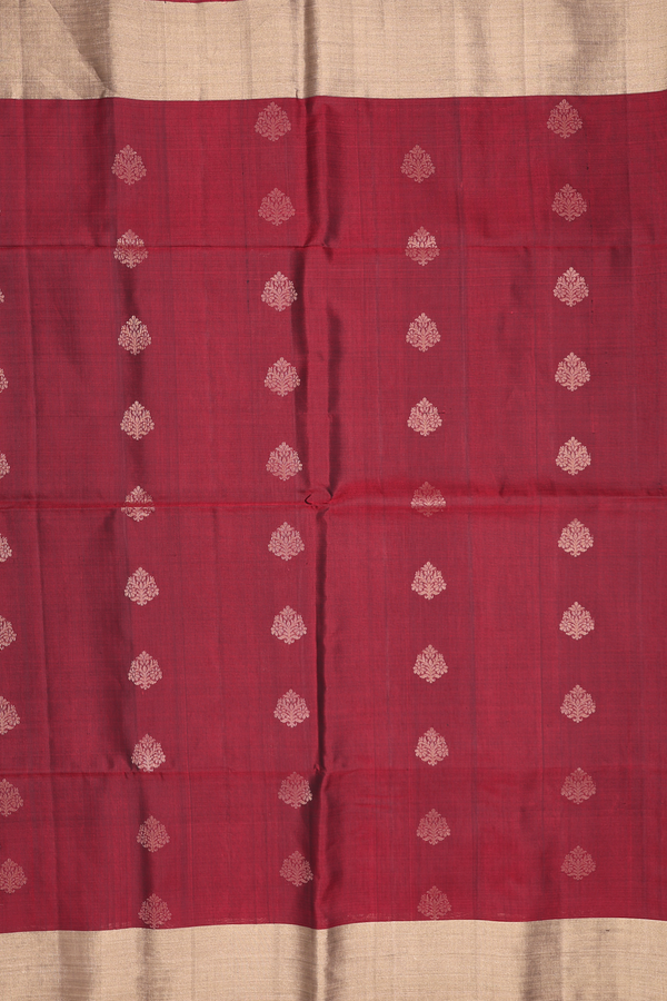 Soft Silk Saree In Burgundy Red With Floral Buttas