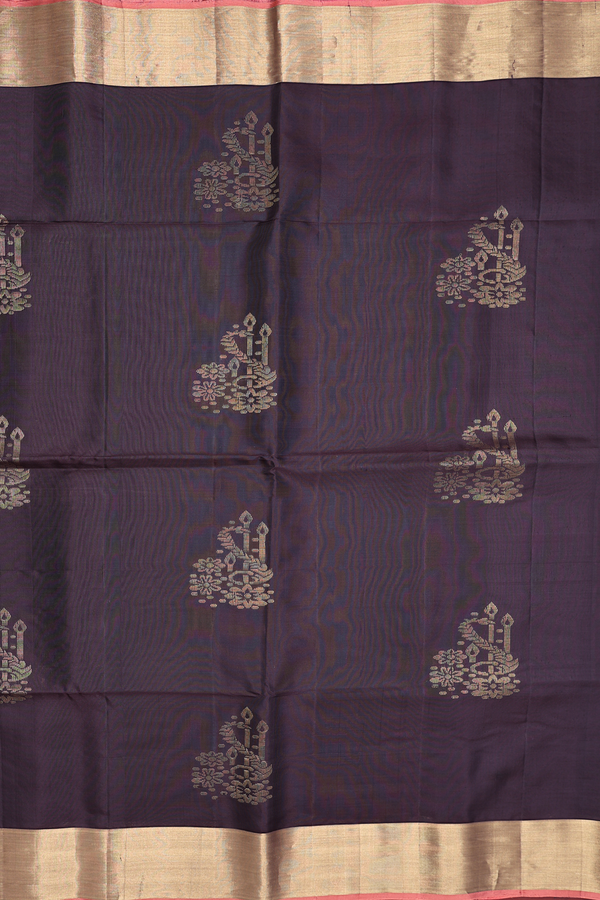 Soft Silk Saree In Dark Oak Brown With Zari Motifs