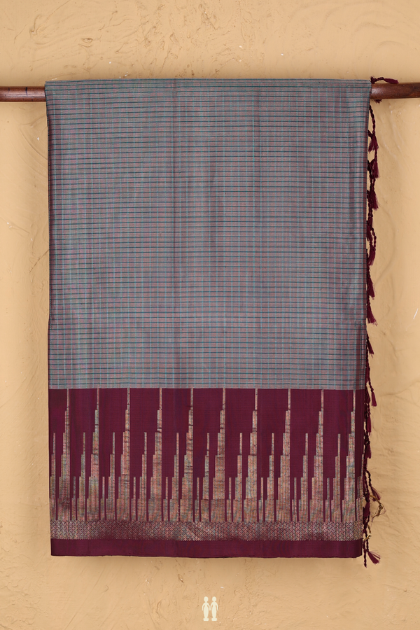 Soft Silk Saree In Grey With Checks Design