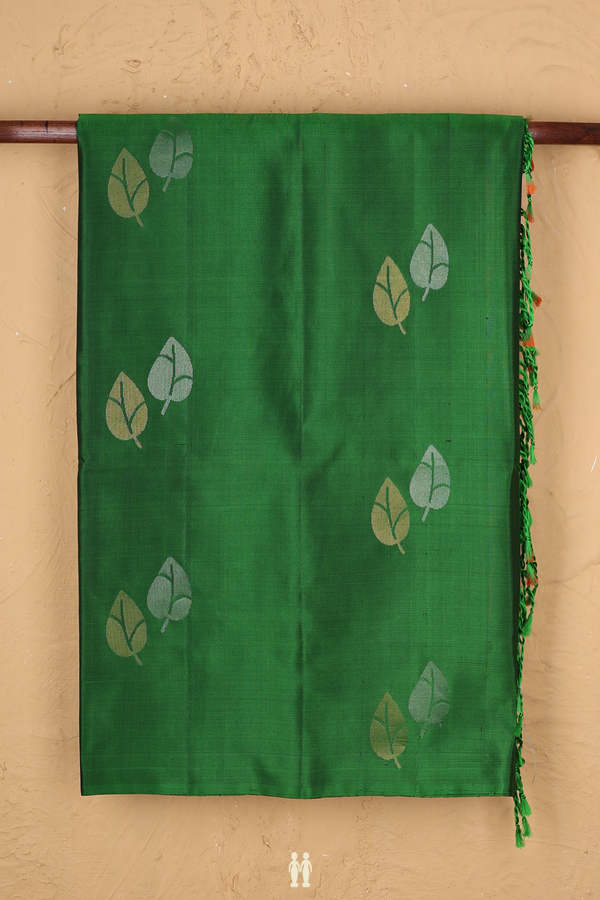 Soft Silk Saree In Leaf Green With Zari Buttas