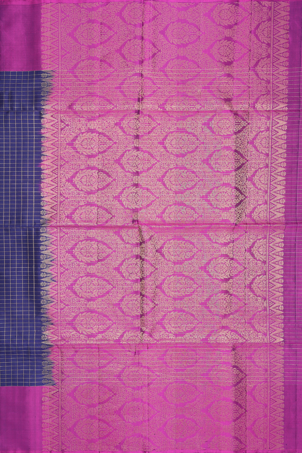 Soft Silk Saree In Navy Blue With Checks Design