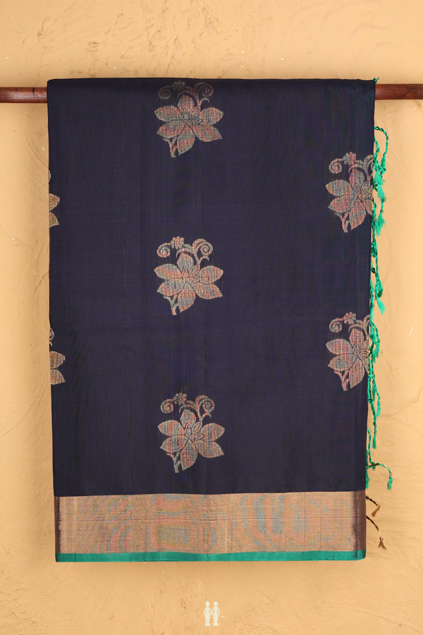 Soft Silk Saree In Navy Blue With Floral Motifs