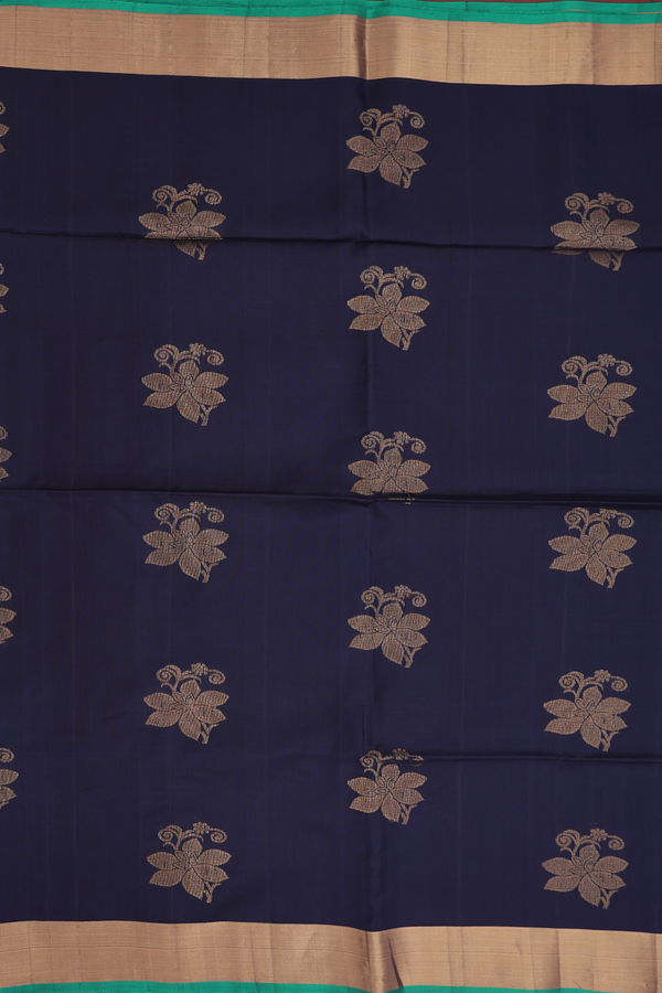 Soft Silk Saree In Navy Blue With Floral Motifs