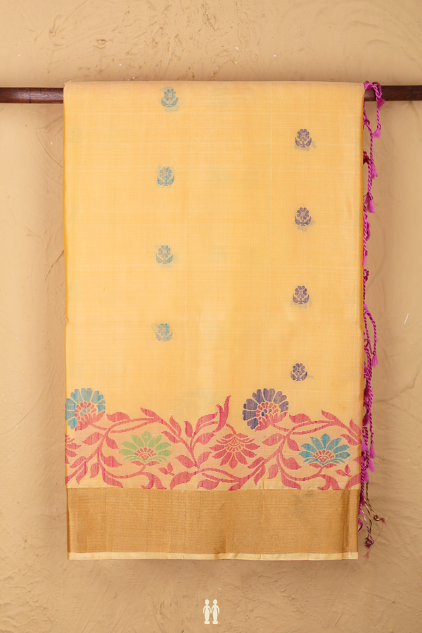 Soft Silk Saree In Pastel Orange With Floral Threadwork Buttas