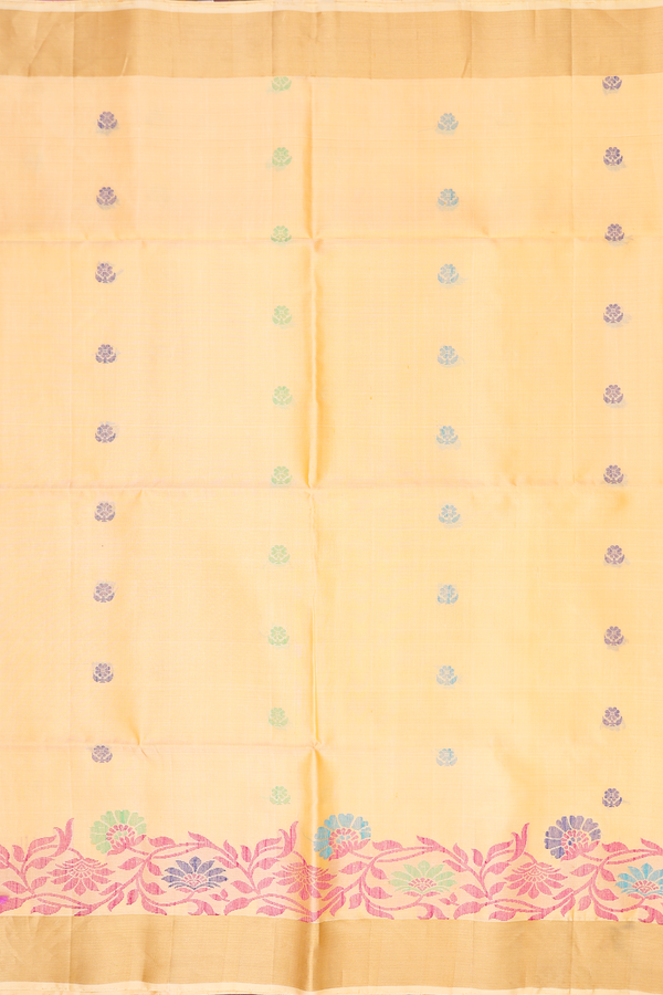 Soft Silk Saree In Pastel Orange With Floral Threadwork Buttas