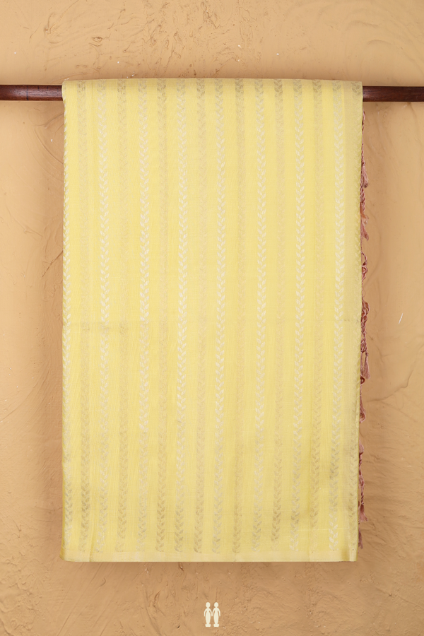 Soft Silk Saree In Pastel Yellow With Stripes Design