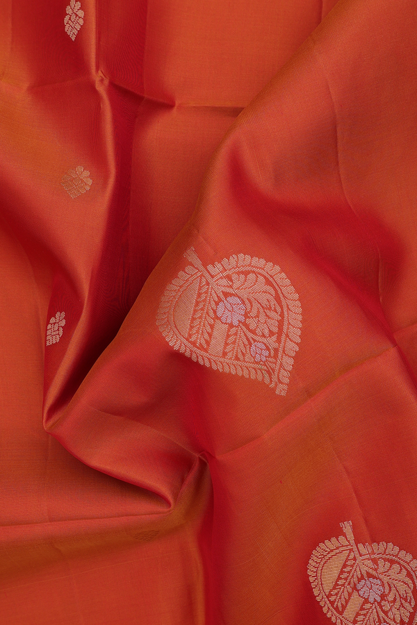 Soft Silk Saree In Rust Orange With Leaf Motifs