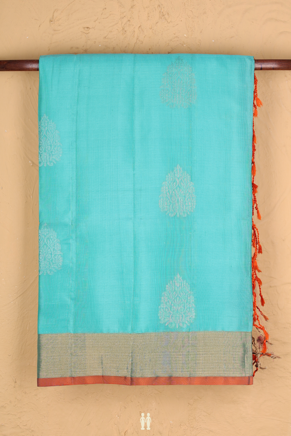 Soft Silk Saree In Turquoise Blue With Zari Motifs